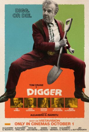 Movie poster with a man with a comic expression in a maroon suit wielding a space.