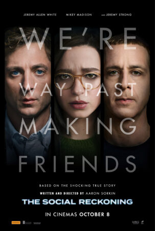 Movie poster with three faces staring seriously out of black background.